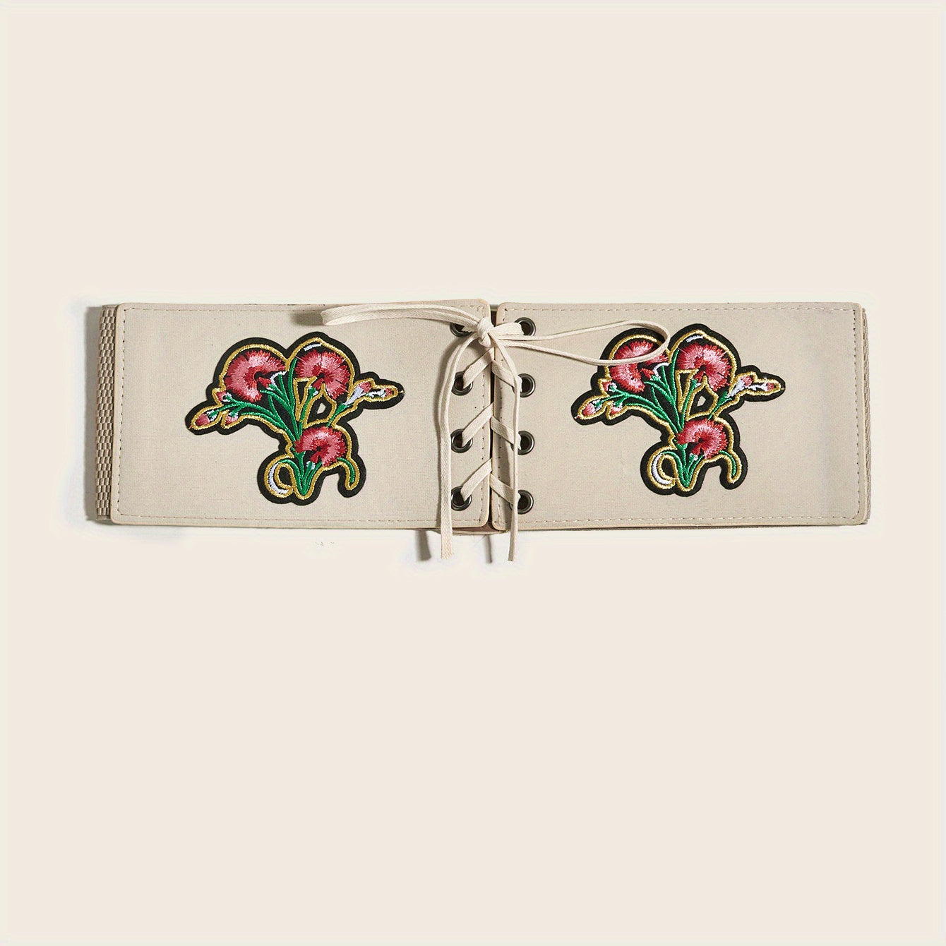 Vintage Flower Embroidery Wide Belt Lace Up Elastic Waistband