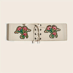 Vintage Flower Embroidery Wide Belt Lace Up Elastic Waistband