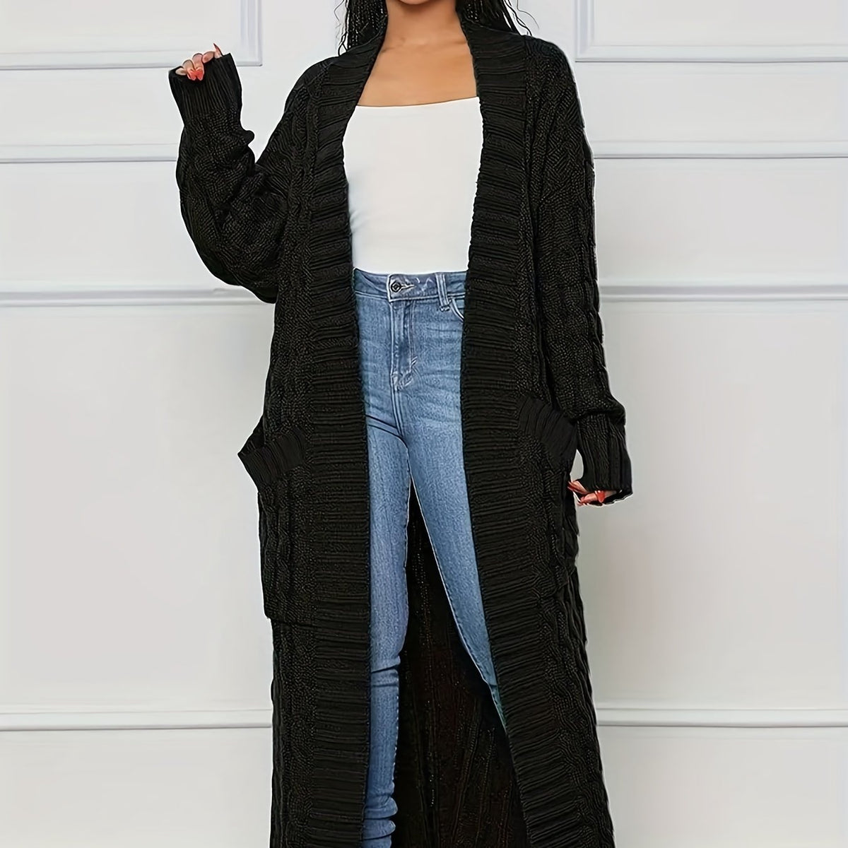  Solid Cable Long Sleeve Maxi Cardigan With Pockets