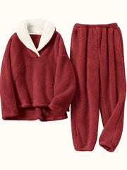 Cozy Thermal Flannel Loungewear Set Long Sleeve Top & Pants