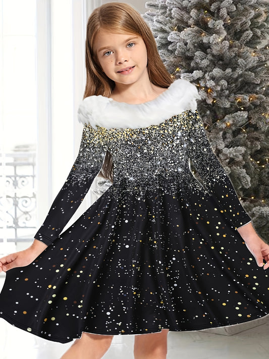 Girls Bow Christmas Tree Graphic Long Sleeve Dress