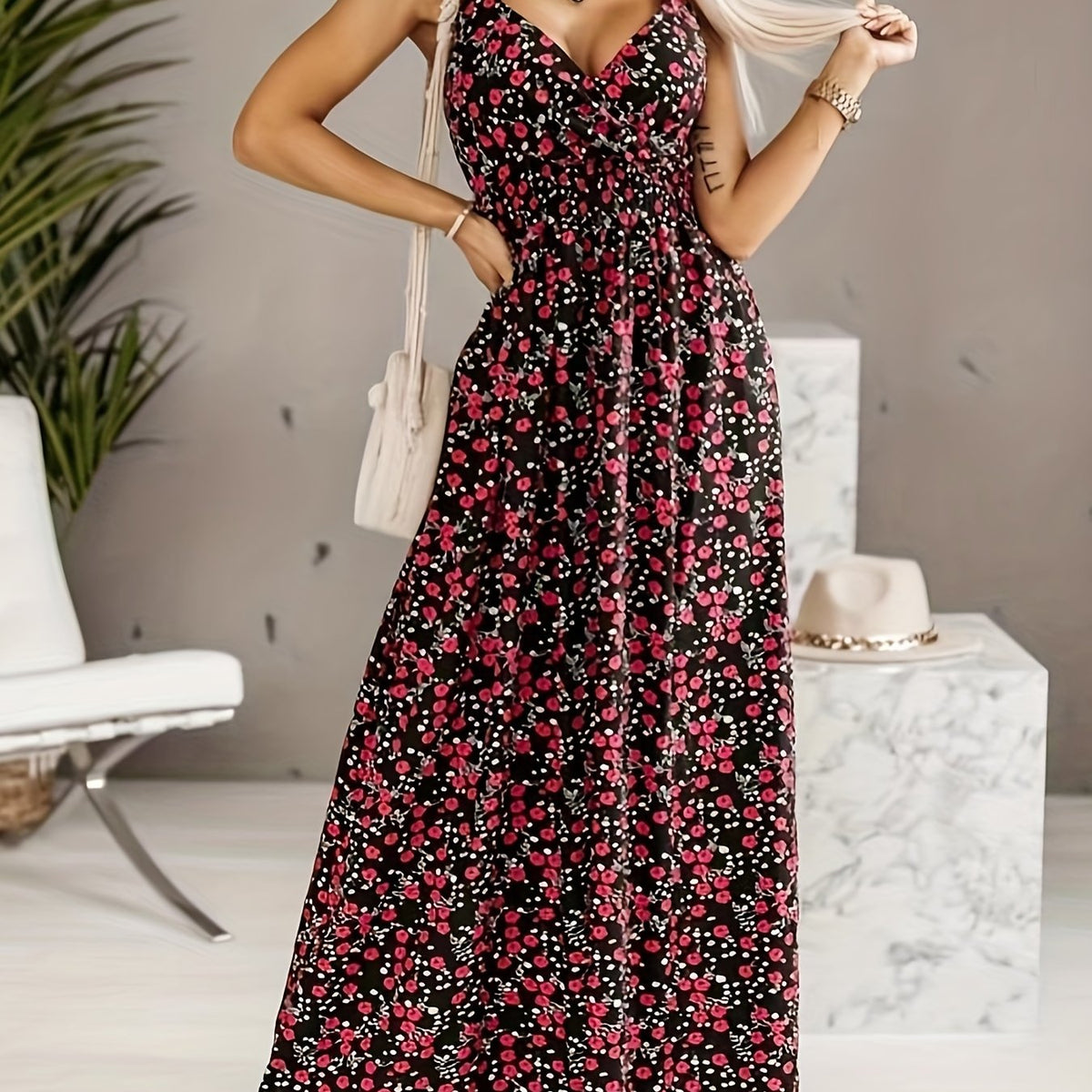 Floral Print Shirred Waist Cami Dress Boho V neck Backless Spaghetti Dress