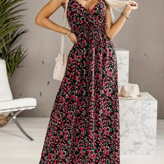 Floral Print Shirred Waist Cami Dress Boho V neck Backless Spaghetti Dress