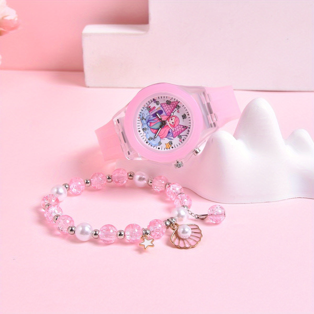 Girls Silicone Strap Watch & Bracelet Set