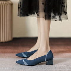 Women's Chunky Heeled Knit Pumps Pointed Toe Slip on High Heels
