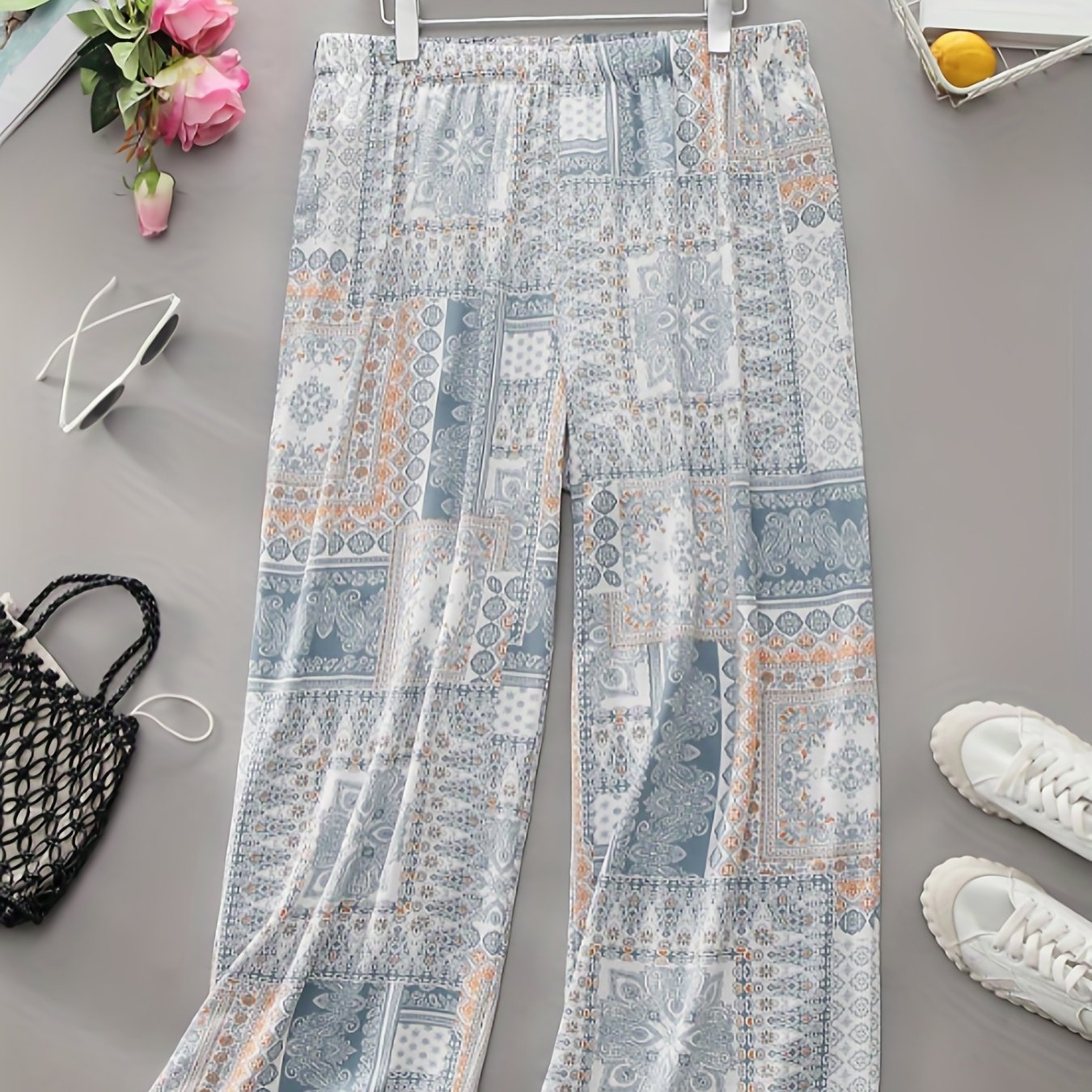  Boho Pants Women's Plus Paisley Print Straight Leg Pant