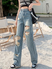 Loose Fit High Waist Street Style Denim Trousers