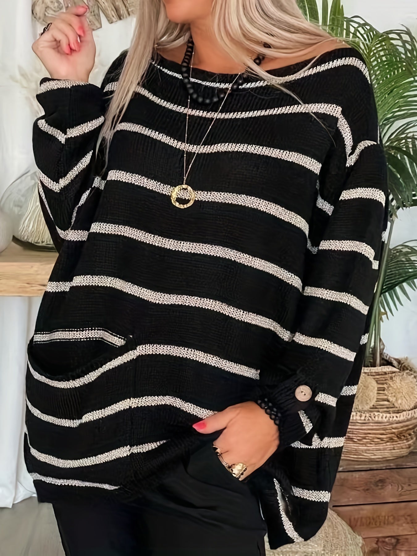 Striped Boat Neck Pullover Sweater Vintage Long Sleeve Pocket Loose Sweater