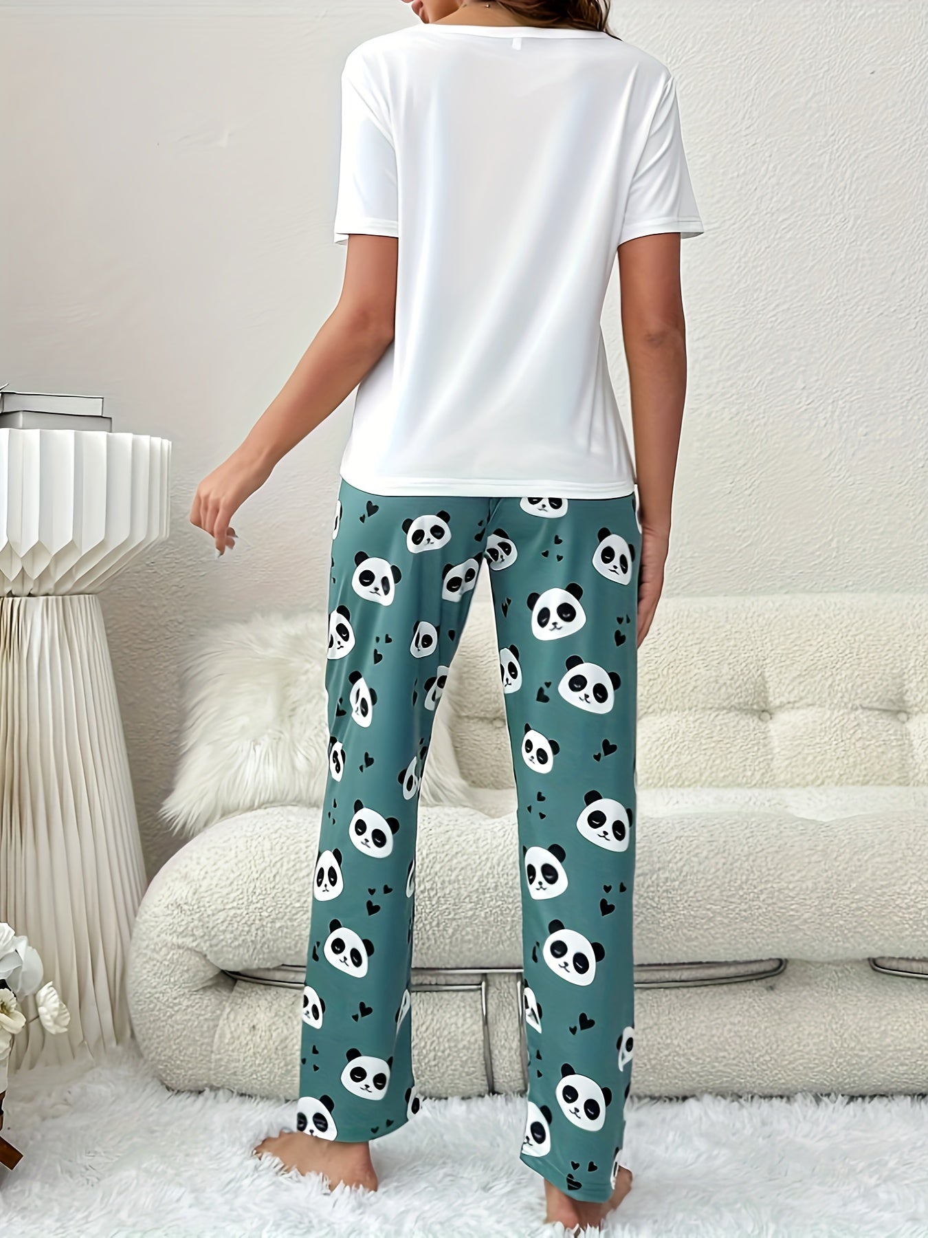 Panda Print Pajama Set Short Sleeve Top & Pants