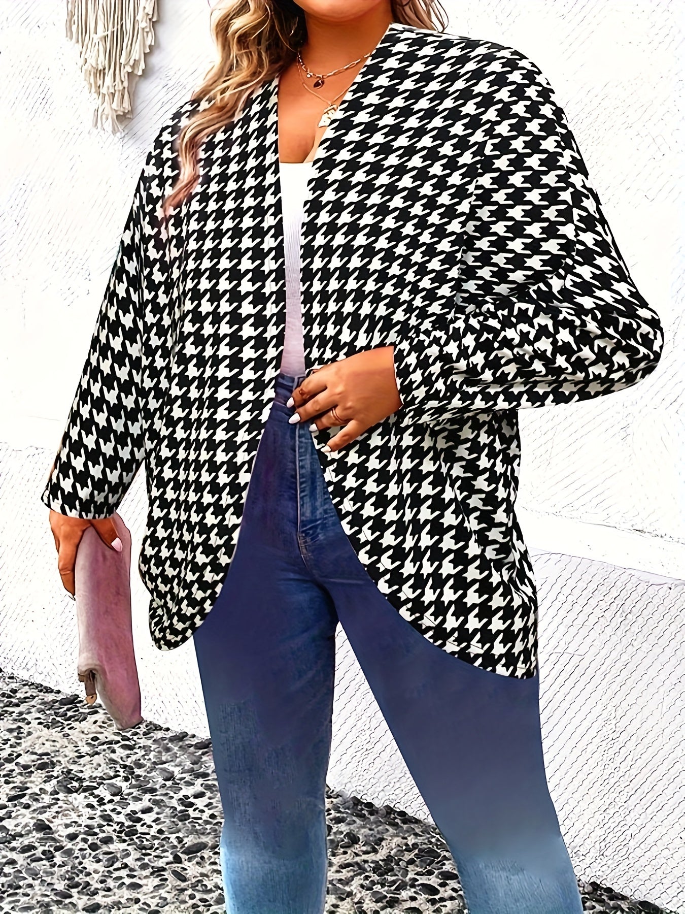  Houndstooth Print Batwing Sleeve Cardigan