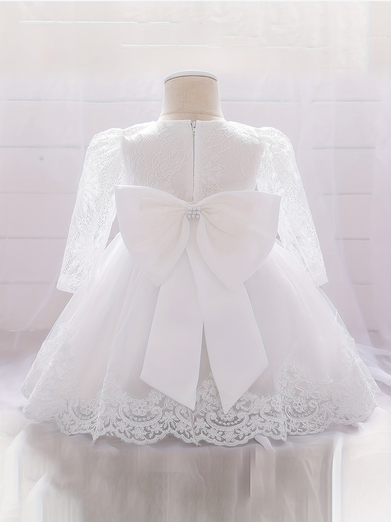 Girls Lace Long Sleeve Puffy Princess Dress With Bow