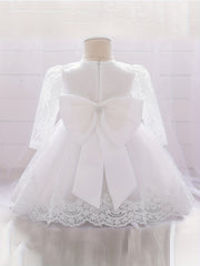 Girls Lace Long Sleeve Puffy Princess Dress With Bow