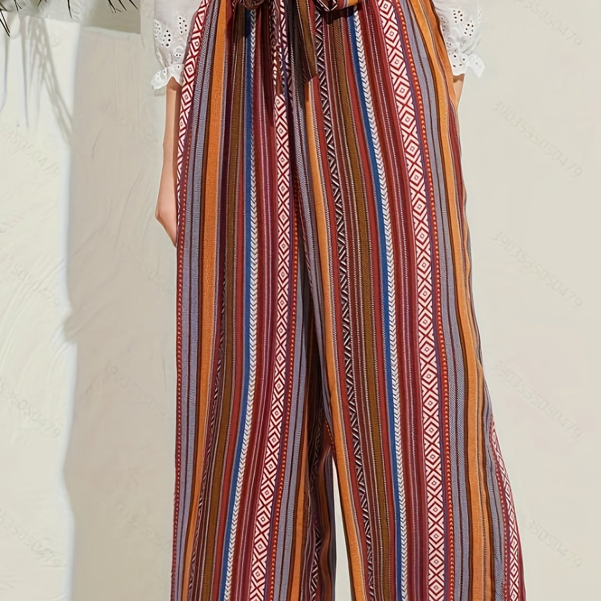  Patchwork Print Wide Leg Trousers with Belt