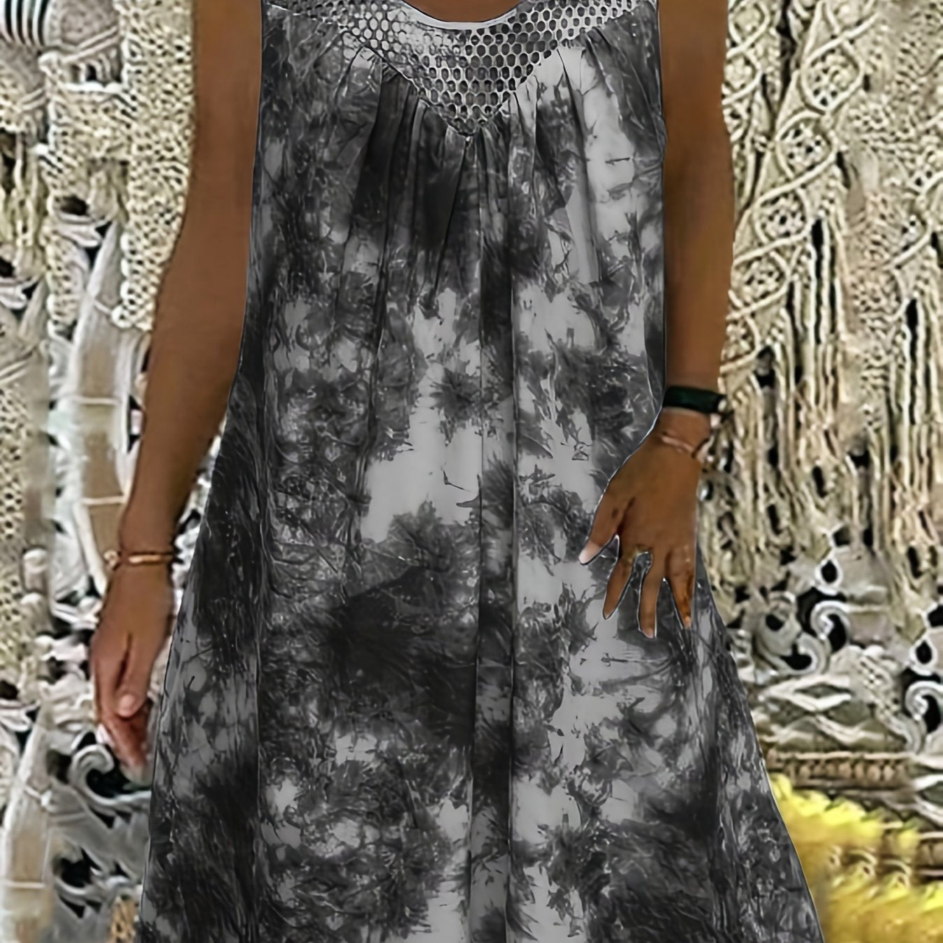  Tie Dye Eyelet Round Neck Tank Dress