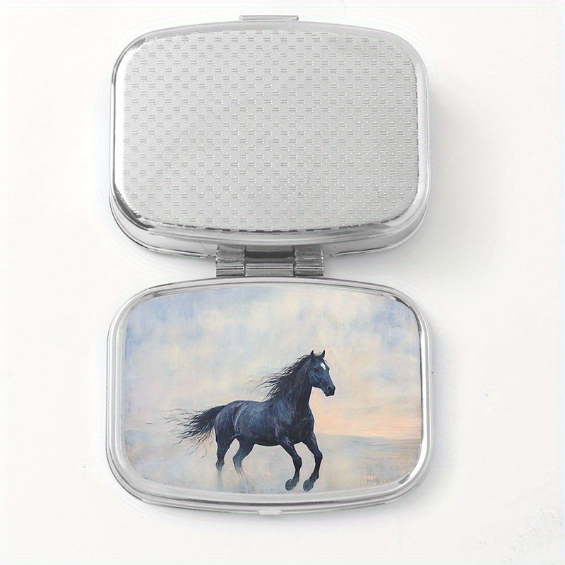 Portable Horse Print Pill Organizer 2 Compartment Metal Case for Travel
