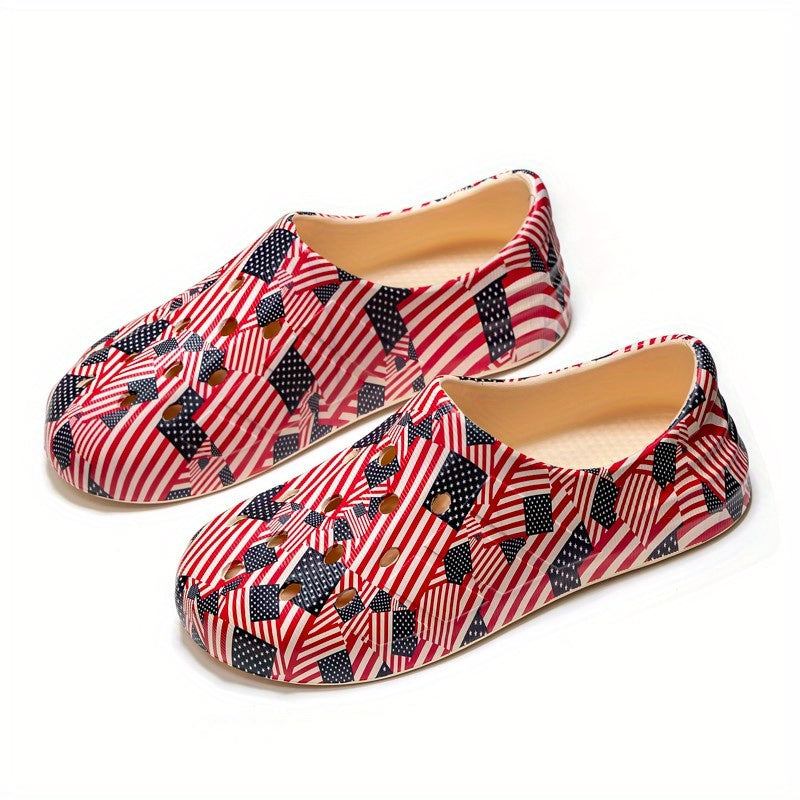 Men's Star & Stripe Print Hollow Out Closed Toe Clog Beach Sandals