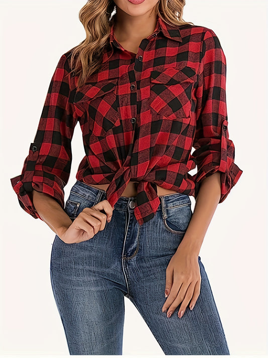 Gingham Print Button Up Long Sleeve Blouse