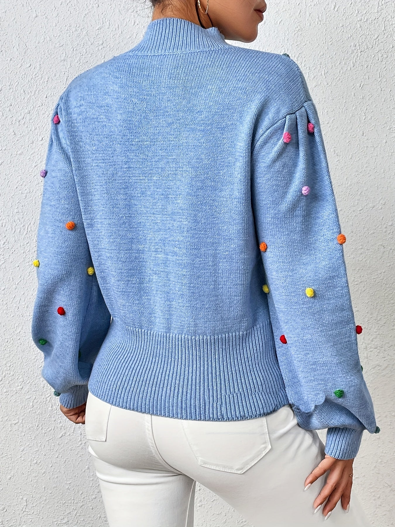  Colorful Thread Ball Decor Lantern Sleeve Mock Neck Sweater