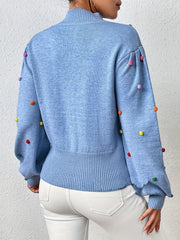  Colorful Thread Ball Decor Lantern Sleeve Mock Neck Sweater