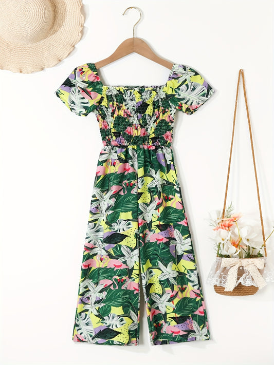 Toddler Girls Flowers Puff Sleeve Rompers Wide Leg Jumpsuits