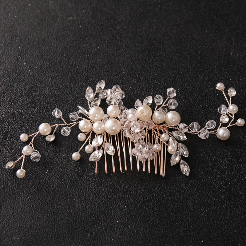 Vintage Style Faux Pearl Wedding Hair Comb with Rhinestones