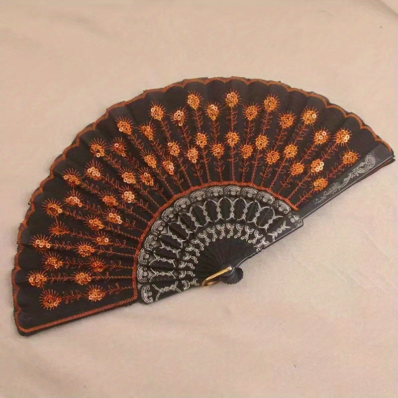 Sequin Men's Handheld Fan with Chinese Embroidery