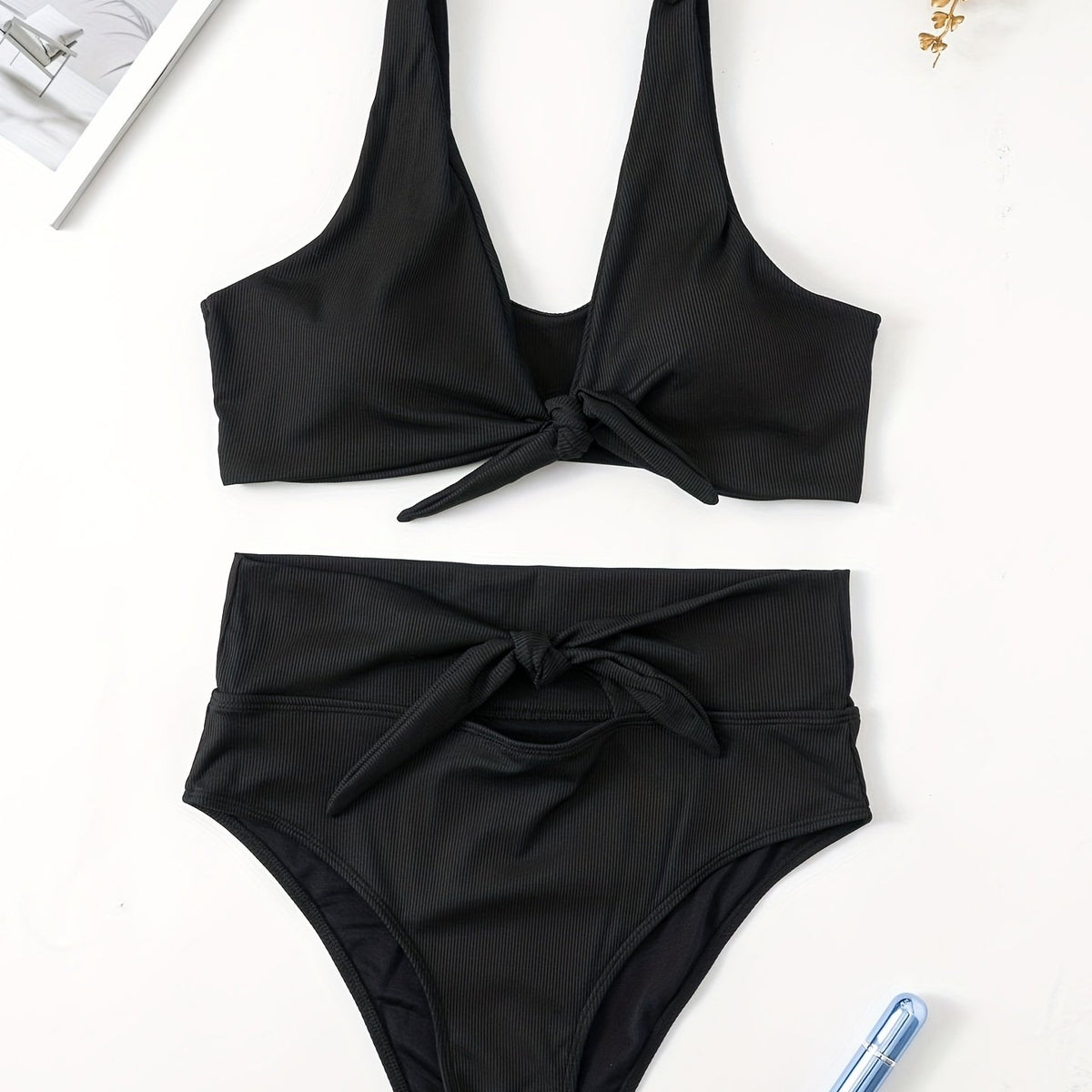  Solid Ribbed Bikini Set with Bow Knot Cut Out