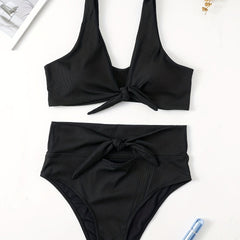  Solid Ribbed Bikini Set with Bow Knot Cut Out