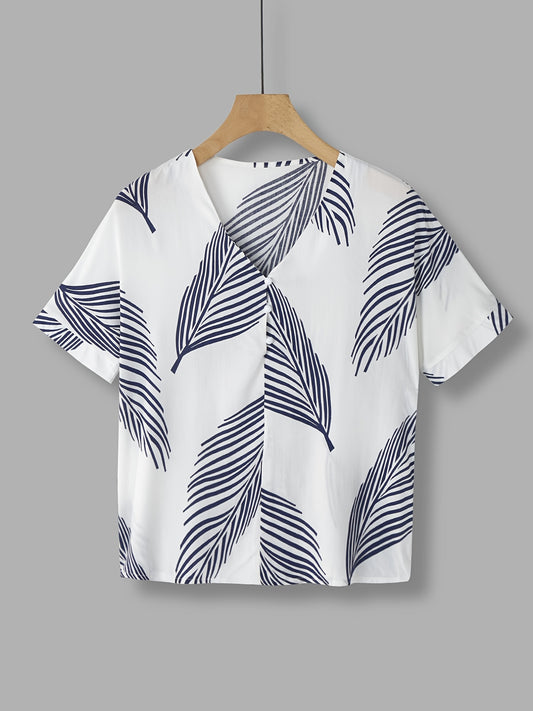 Faux Pearl Button Blouse V Neck Short Sleeve Women's Top