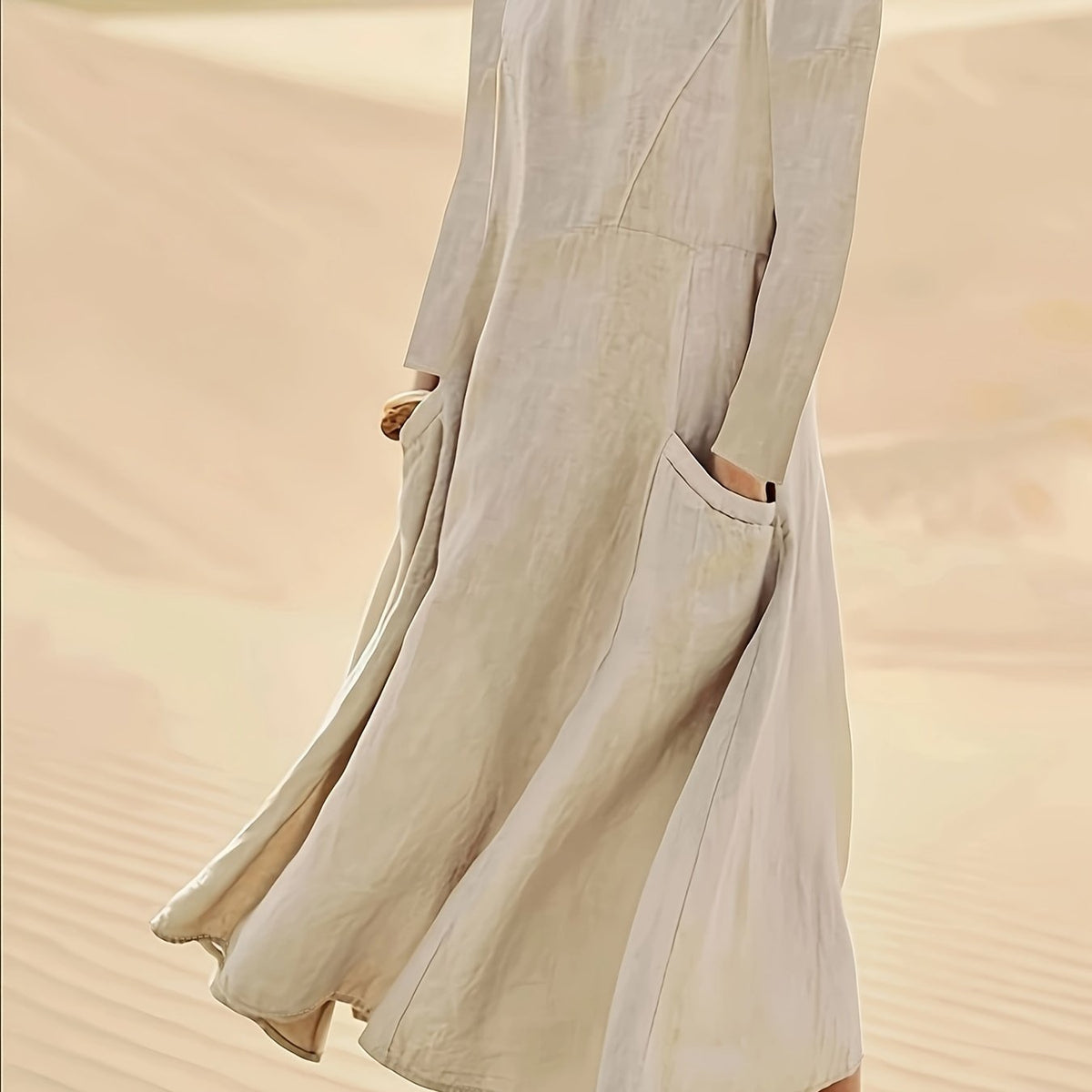 Women's Plus Solid Long Sleeve Round Neck Loose Fit Maxi Dress