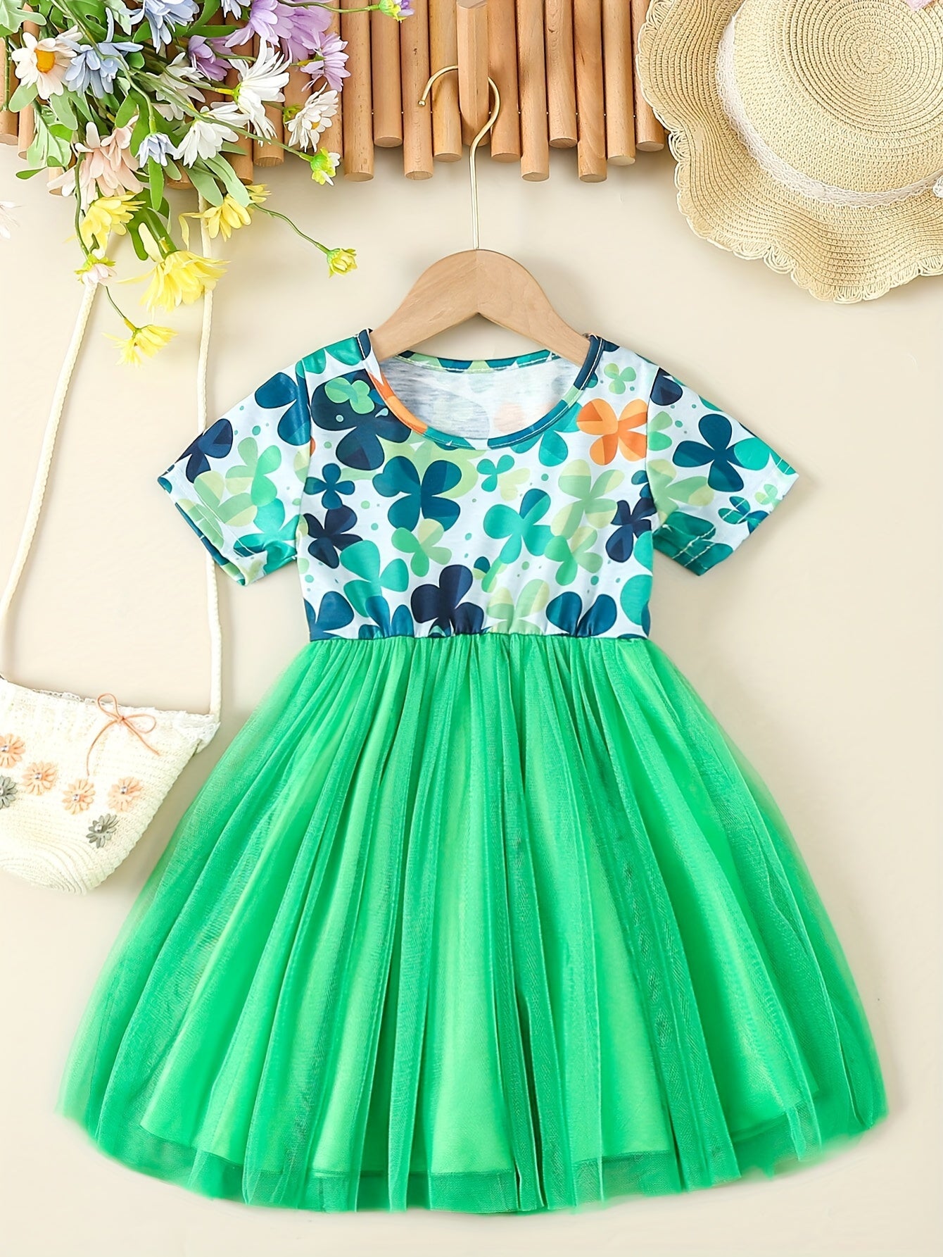 Toddler Girls Clover & Easter Egg Print Tutu Dress Summer Easter Gift