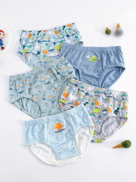 5pcs Boys Dinosaur Print Boxer Briefs Soft Cotton Underwear