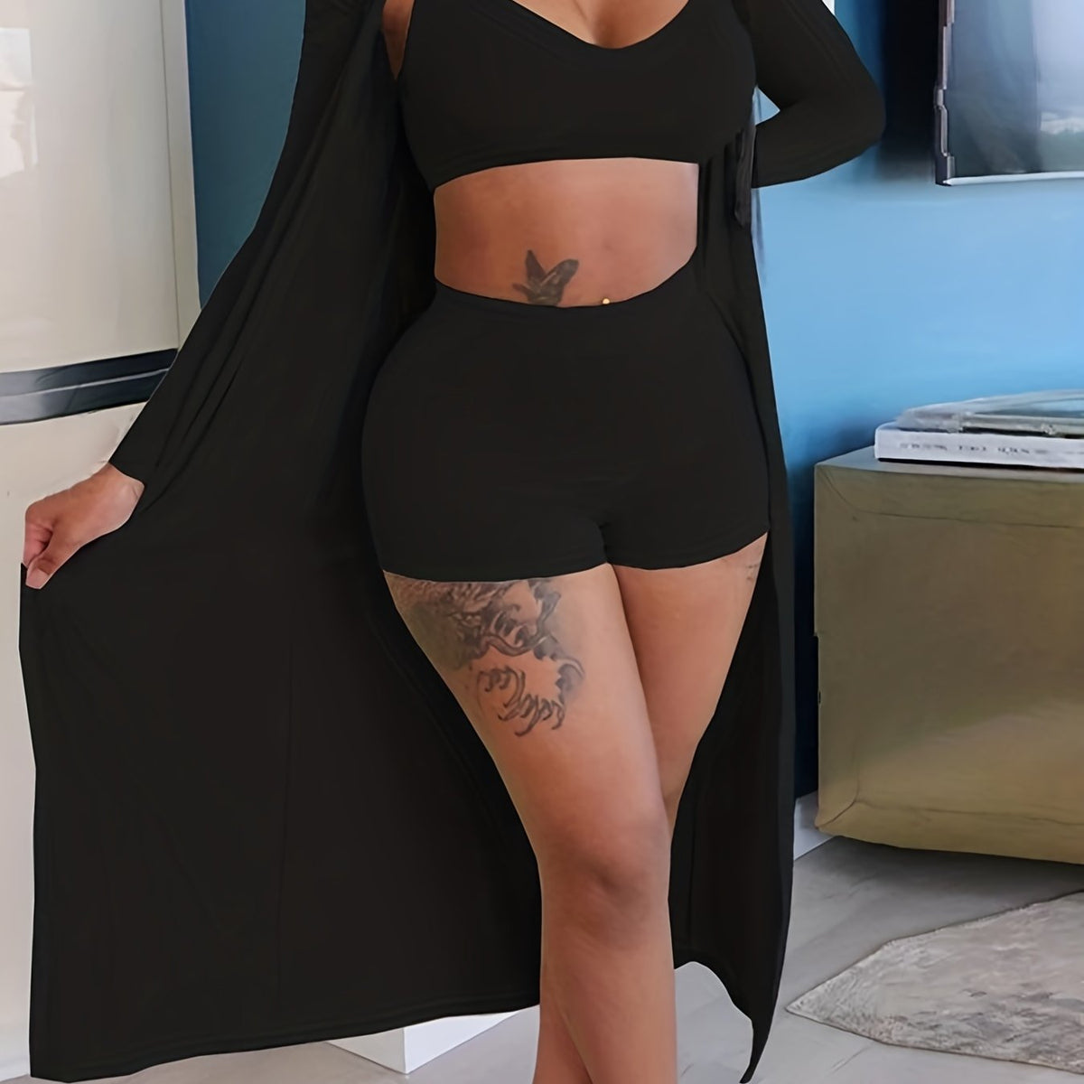  Sexy Three Piece Set: Crop Top, Shorts, Cardigan