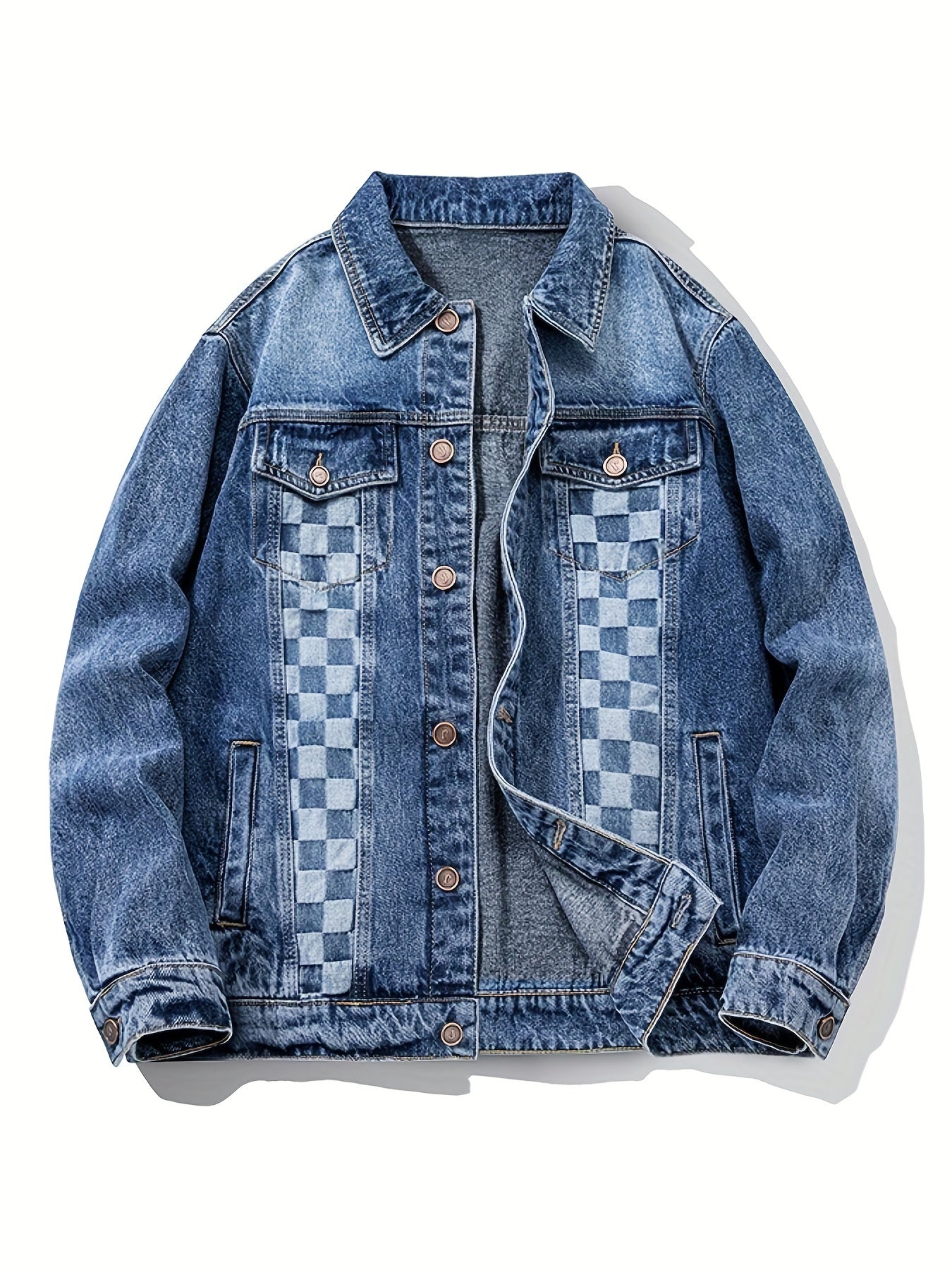 Plaid Pattern Denim Jacket Men's Casual Street Style Button Up Jacket