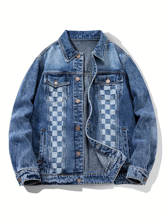 Plaid Pattern Denim Jacket Men's Casual Street Style Button Up Jacket