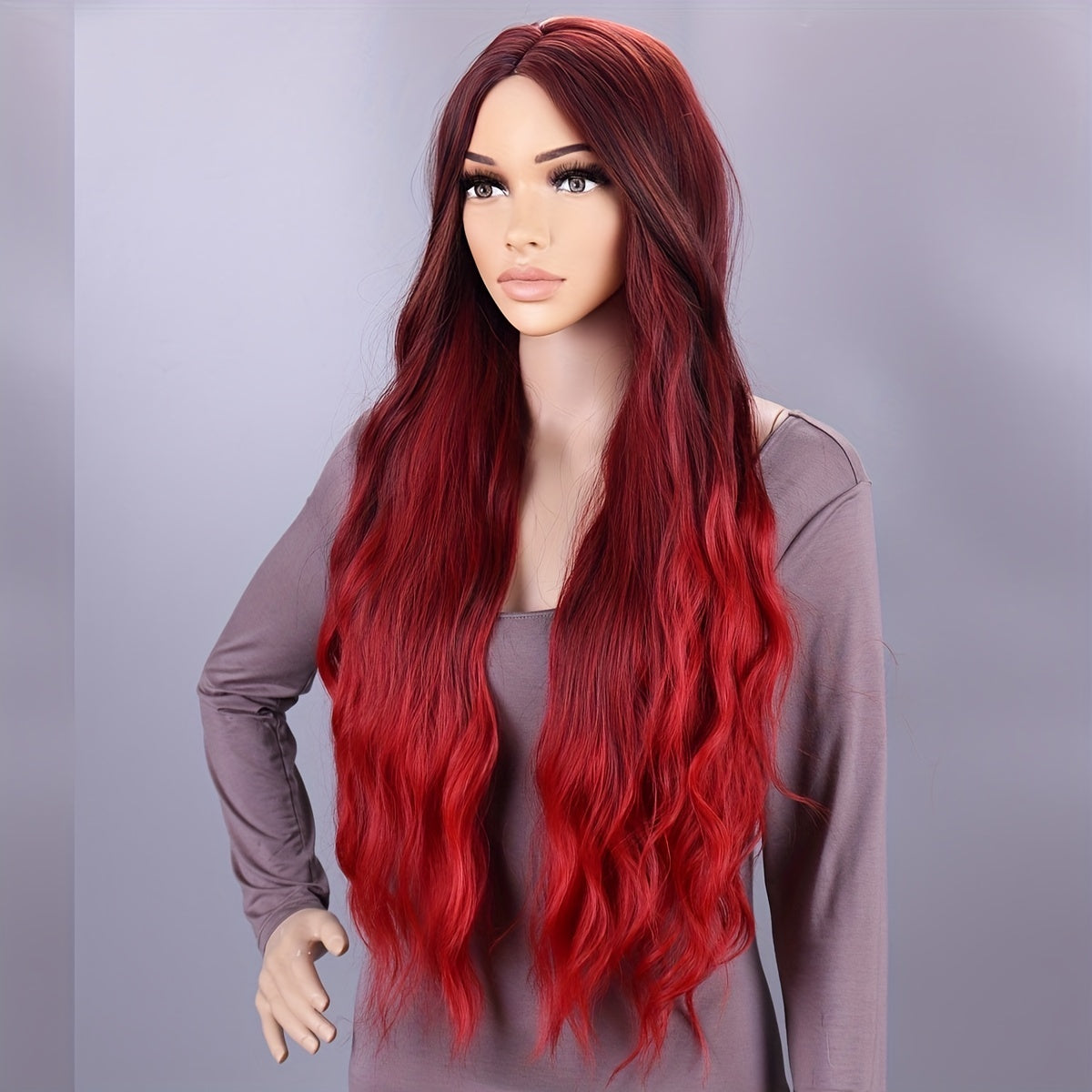 Long Burgundy Wavy Wig - Curly Hair Synthetic Heat Resistant Fiber