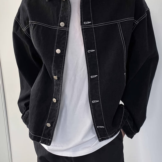 Contrast Stitch Denim Jacket Men's Street Style Button Up Denim Jacket