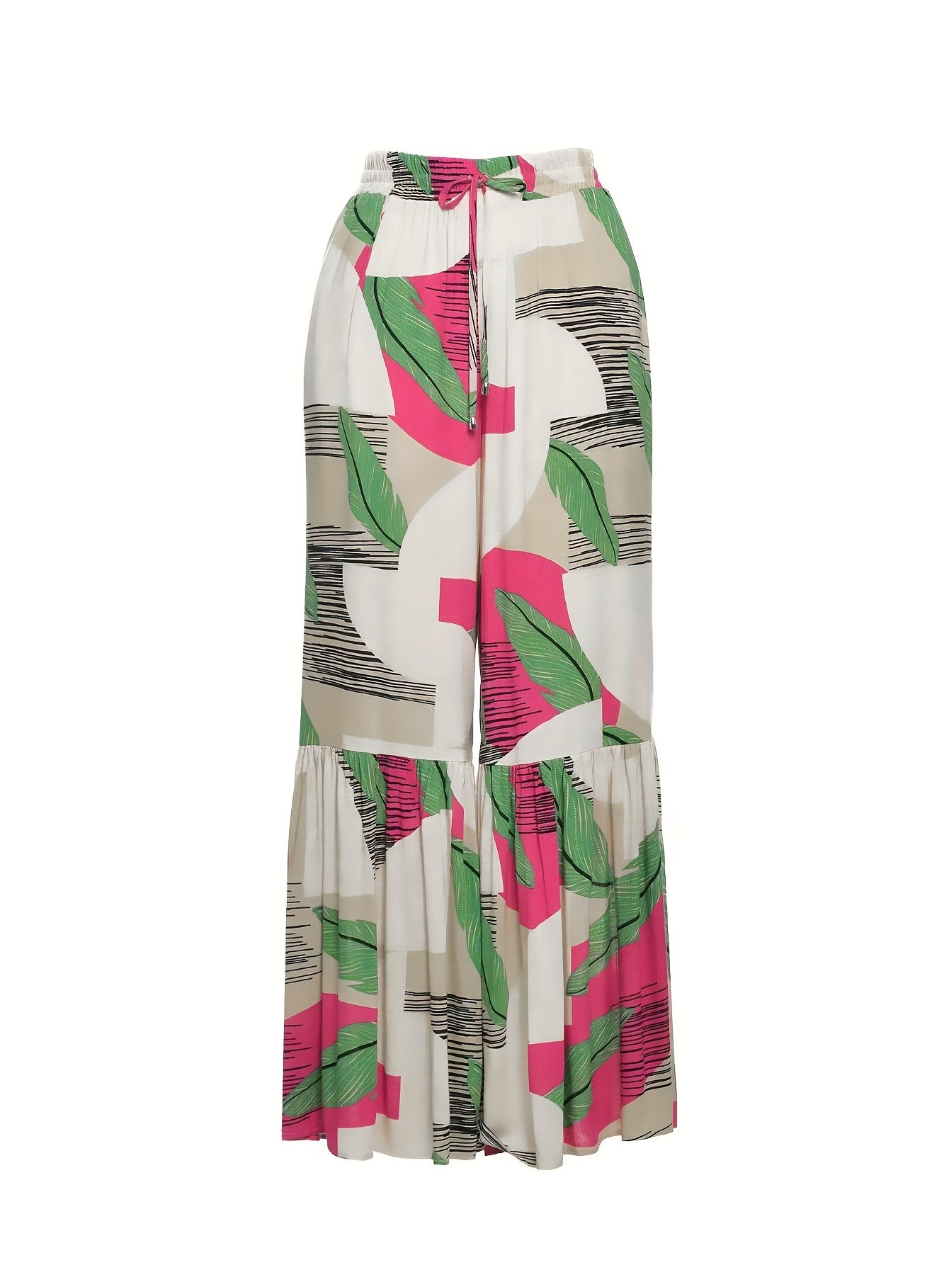  Boho Pants Women's Plus Colorblock Striped & Leaf Print Ruffle Trim