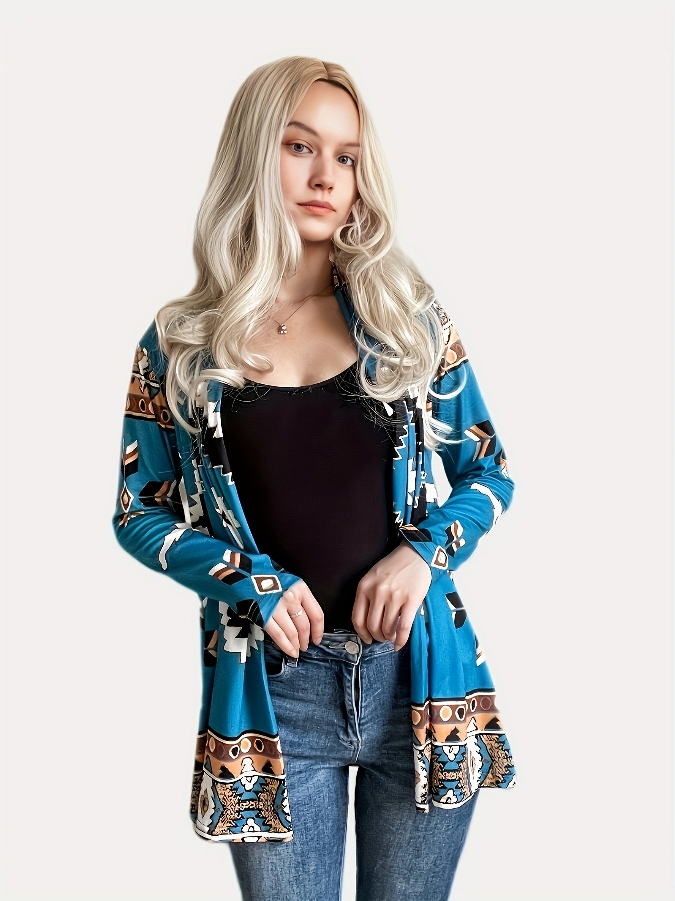 Women's Plus Geometric Print Open Front Cardigan