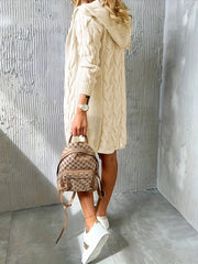  Solid Knit Long Sleeve Open Front Hooded Sweater Cardigan