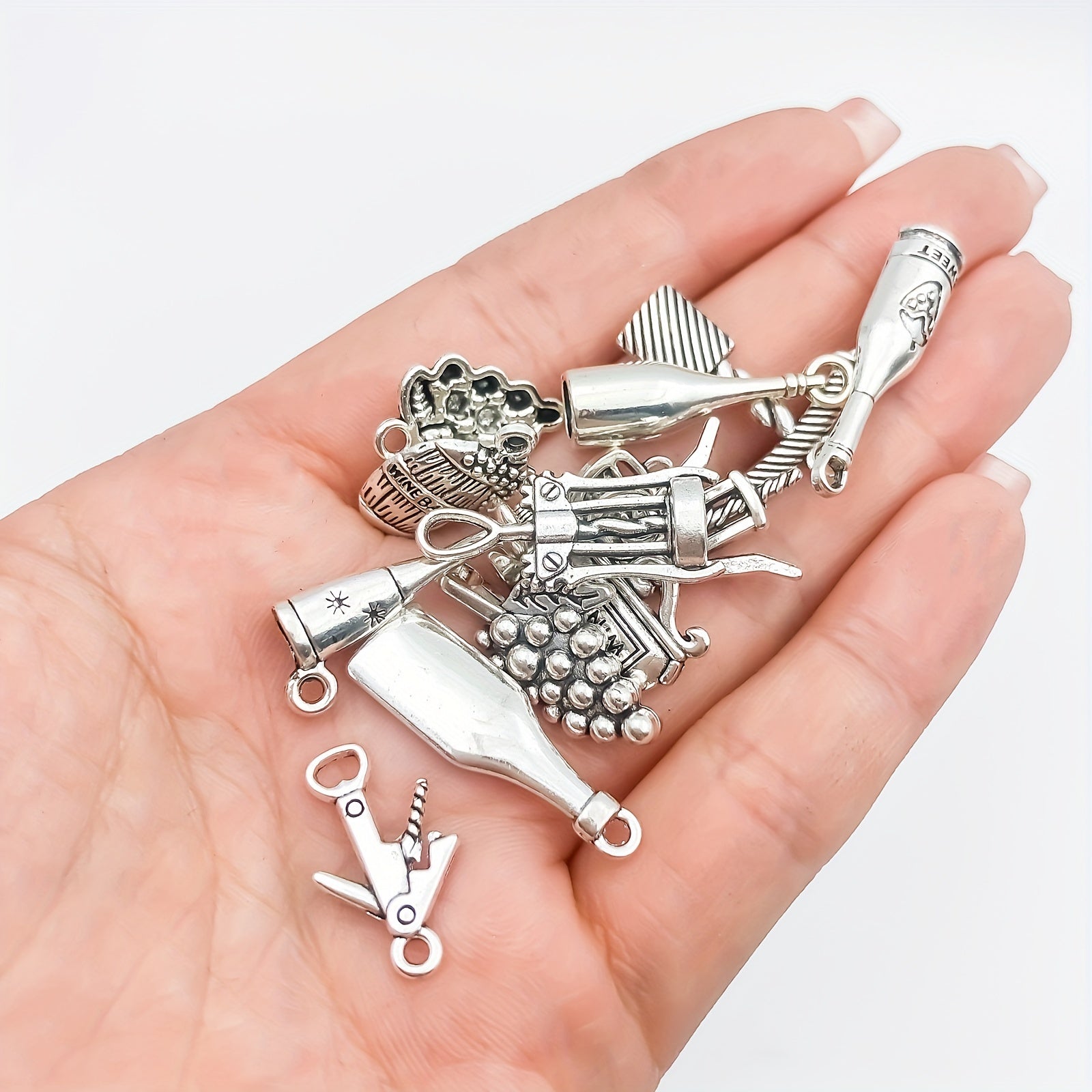 12pcs Antique Silver Red Wine Bottle Pendant Set for DIY Jewelry Making