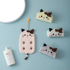 Cat Shaped Hanging Hand Towel Coral Fleece Quick Drying Absorbent Soft Towel