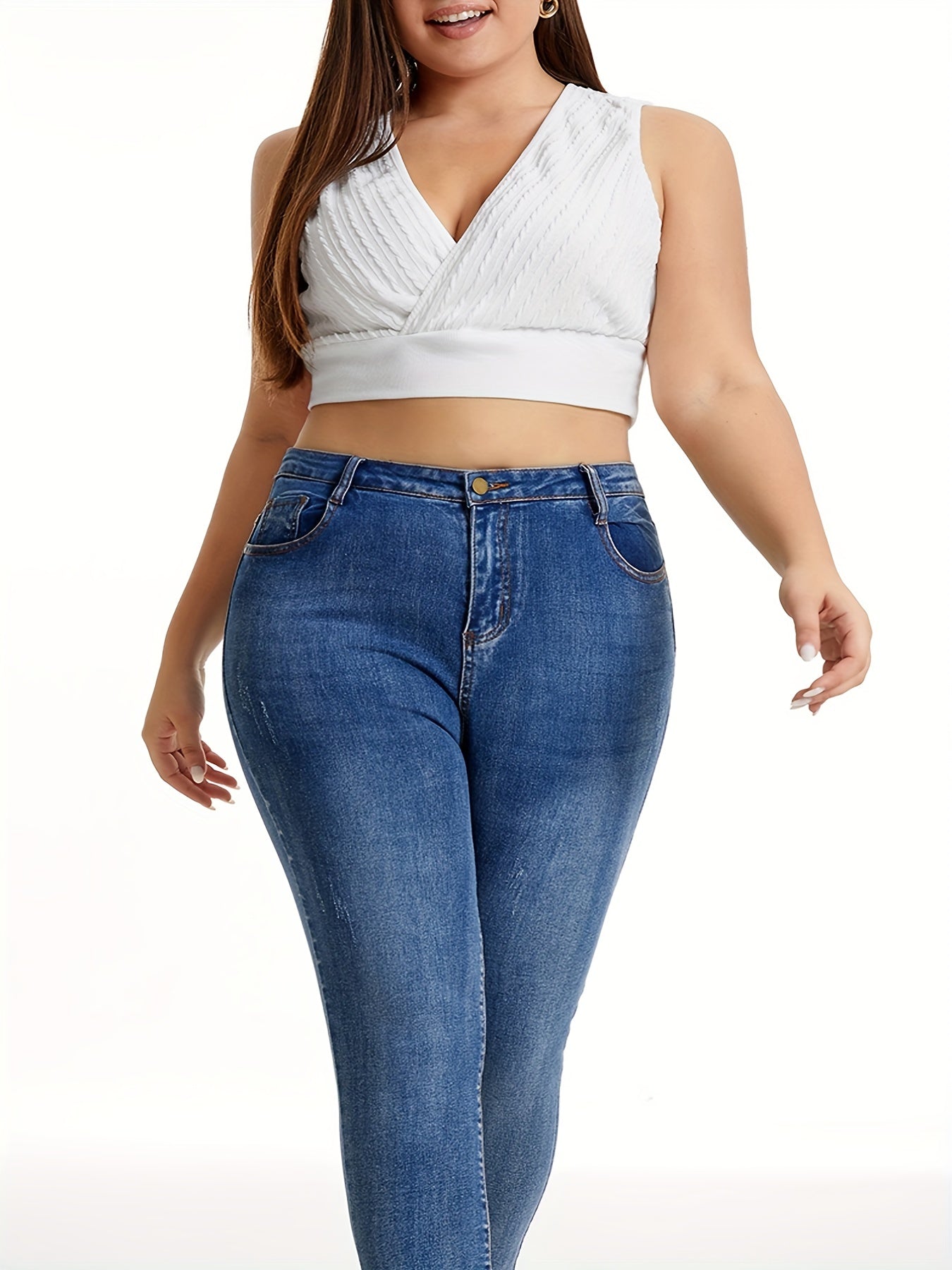 Jacquard Solid V Neck Tank Crop Top