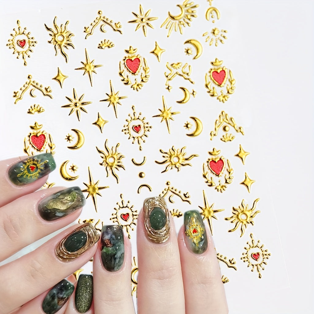 5D Embossed Sun Star Moon Nail Stickers Golden Bronzing Nail Art Decals
