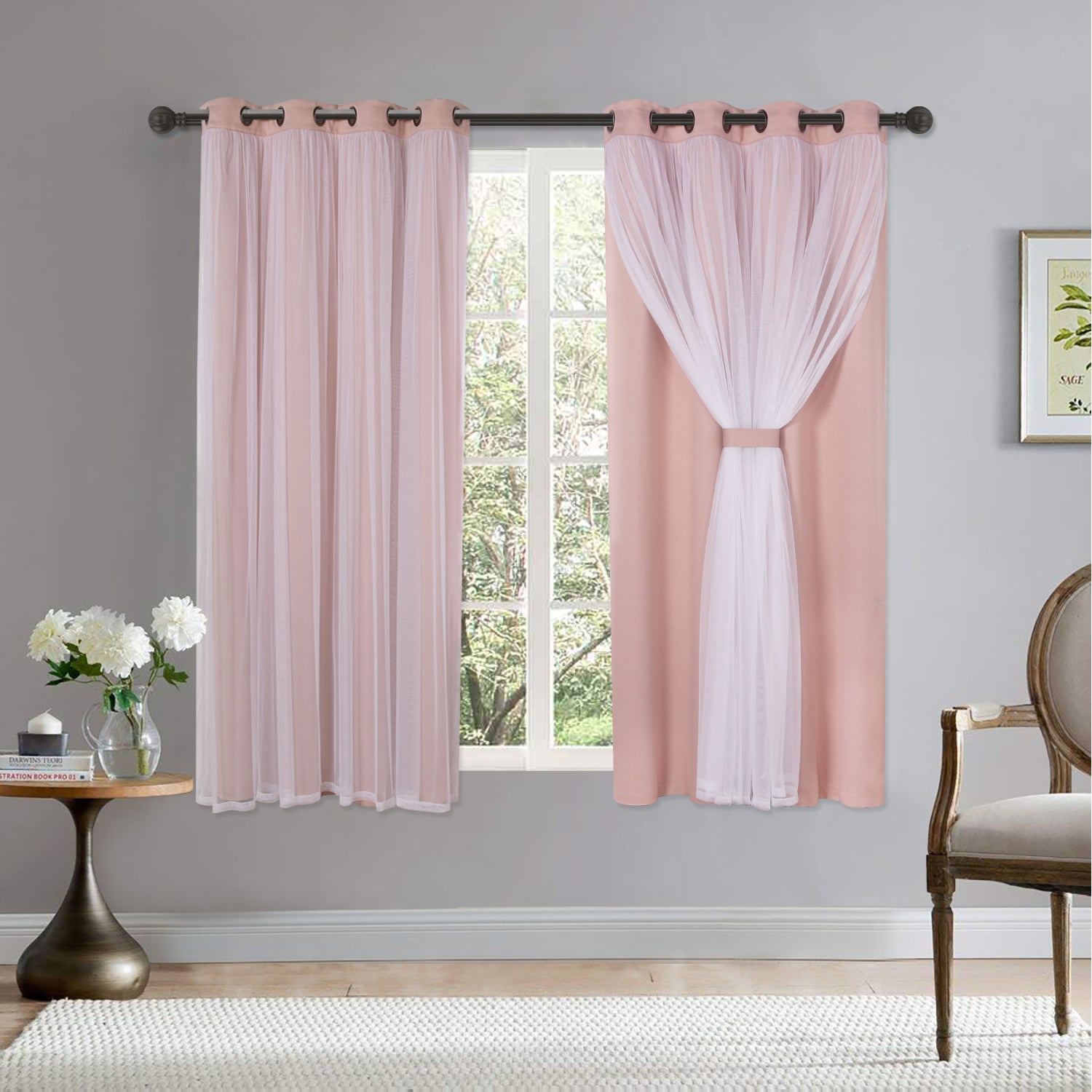 Blackout Curtains With Sheer Voile Double Layer Grey