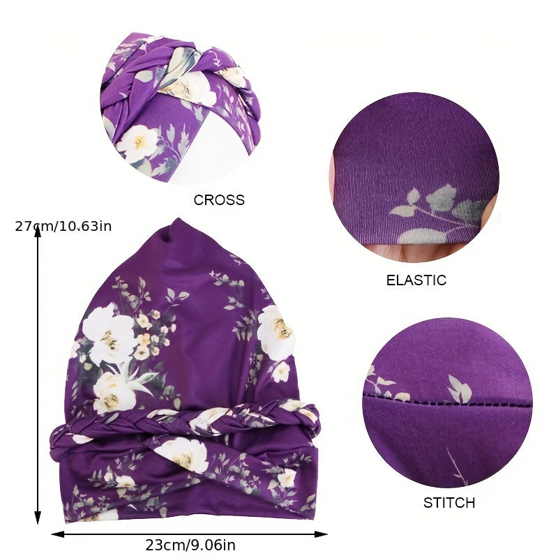 Flower Print Turban Cap Pre tied Braided Head Wrap Elastic Bonnet