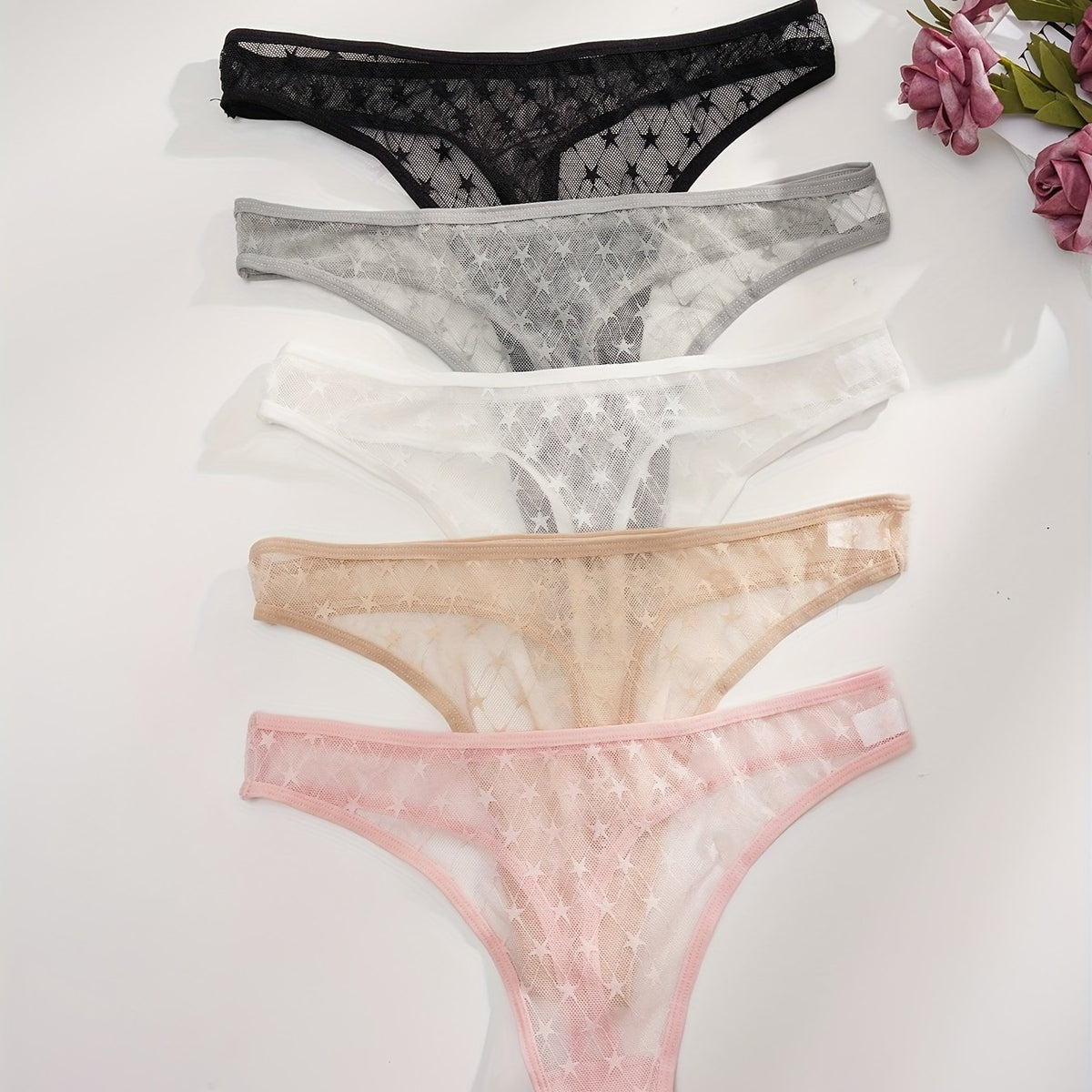 5pcs Star Pattern Mesh Thongs Semi-sheer Intimates Women's Lingerie