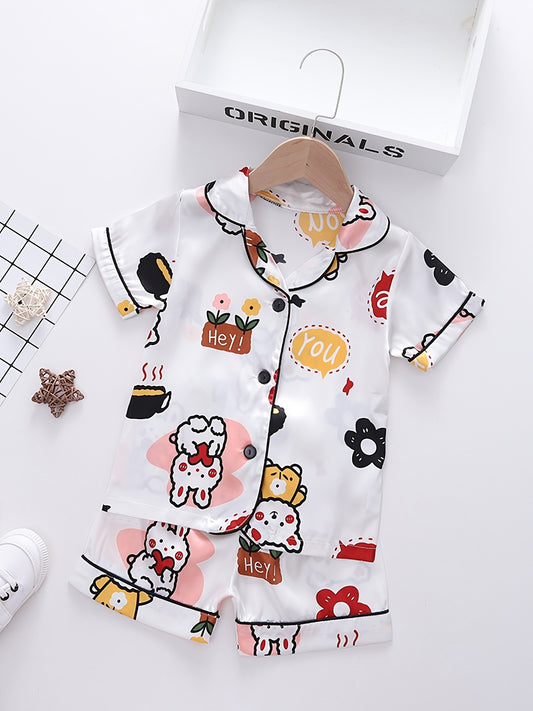 Girls Cartoon Bear Pajamas Set V Neck Button Top & Shorts Kids Summer Clothes