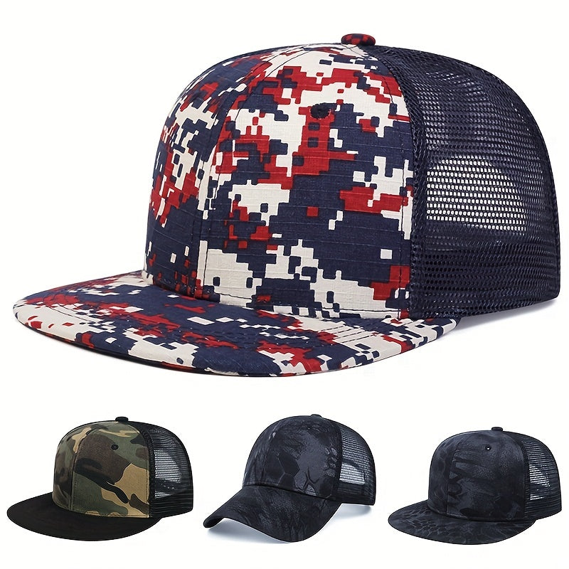 Men's Camouflage Net Flat Brim Trucker Cap