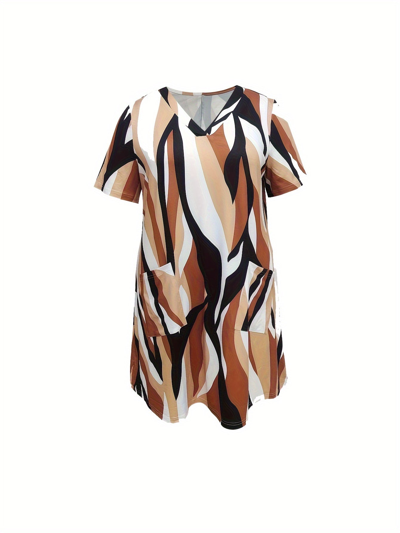  Colorblock Short Sleeve V Neck Tee Dress With Pockets